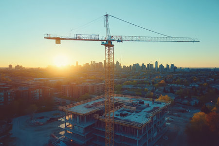 Aerial view of urban construction site in morning light with tower crane and distant city buildingsの素材