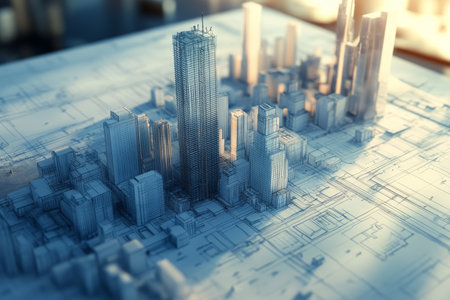 3d illustration of skyscrapers under construction with blueprints and city drawingsの素材