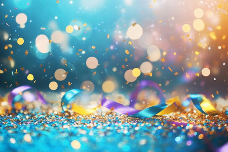 New year celebration background with golden glitter, fireworks, confetti, and blue bokeh lightsの素材