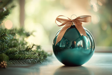 Close up of an elegant green ceramic christmas ornament with a ribbon bow on a tableの素材
