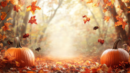 Autumn landscape with pumpkins and leaves ideal for Halloween or fall season promotionsの素材