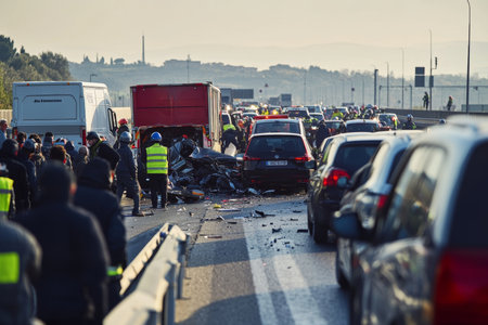 Emergency services respond to a chaotic multi car crash on an Italian highway with resilienceの素材