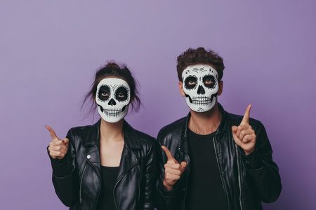 Couple in halloween skeleton costumes pointing at empty space on light purple backgroundの素材