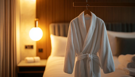 Cozy white terry bathrobe on a wooden hanger in a stylish hotel room with warm lightingの素材