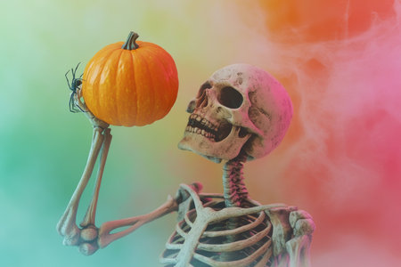 Spooky halloween scene skeleton with pumpkin head and spider legs amidst a colorful fogの素材