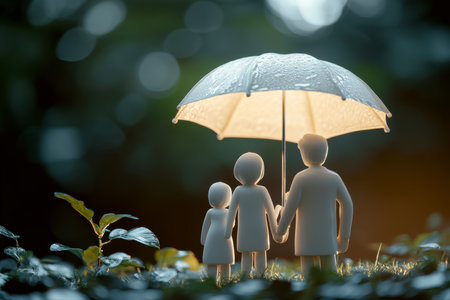 Insurance concept family protection under shield with umbrella symbolizing health and security careの素材