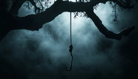 Spooky halloween scene with a hanging rope on a gnarled tree against a dark, eerie backgroundの素材