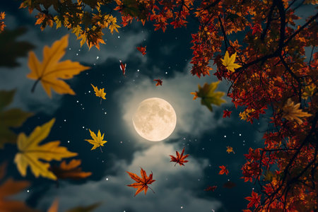 Vibrant maple leaves gracefully falling with a bright moon illuminating the serene night skyの素材