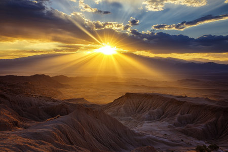 Stunning desert sunset rays of light dance through clouds over rugged terrain and sandy expanseの素材