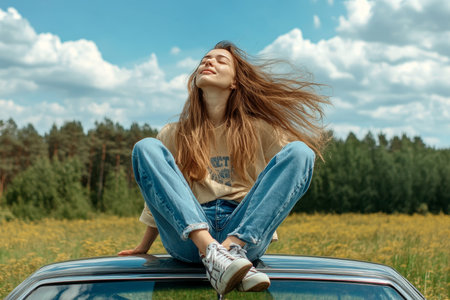 Woman relaxing on car roof with hair in the wind amidst lush meadows and forest in natural lightの素材