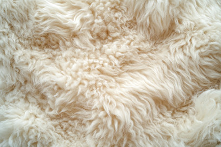 Close up of untreated sheepskin natural beige wool fiber and texture of sheep s hair fabricの素材