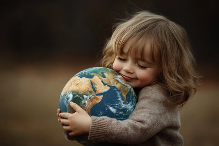 A young child embraces a model of planet earth, symbolizing environmental protection and careの素材