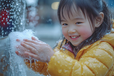 Young girl practicing hygiene by washing hands to protect against viruses and germsの素材