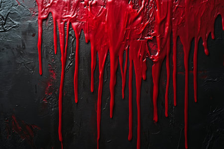Spooky halloween scene with dripping red blood on a dark black wall for eerie atmosphereの素材