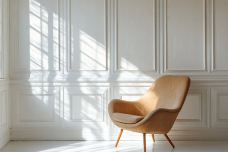 Modern armchair in minimalist empty room with white classic wall panels and studio designの素材