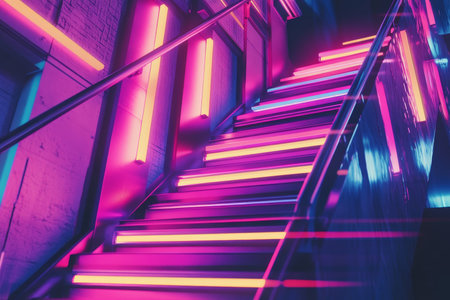 Vibrant abstract wallpaper with illuminated multicolored geometric shapes like futuristic stairsの素材