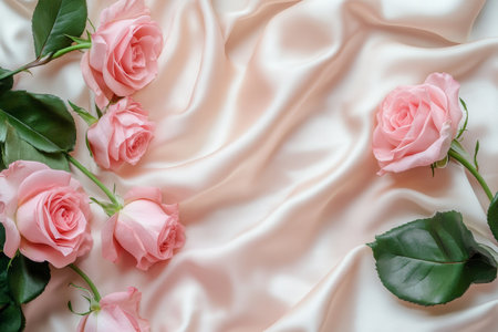 Elegant pink roses on silk background with copy space for celebrating women's day and love occasionsの素材