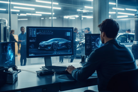 Modern office scene with designer, dual monitors, holographic vehicle display, and electric carの素材