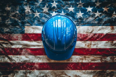 Flat lay composition of a blue hard hat on an american flag for labor day celebrationの素材