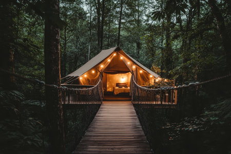 Enchanting glamping tent nestled in a lush forest, linked by a charming wooden suspension bridgeの素材