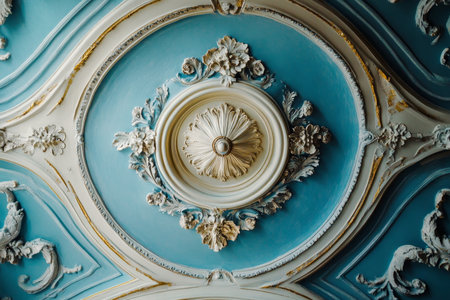 Elegant ceiling decor featuring blue sky ornaments and beautiful floral decorations for charmの素材