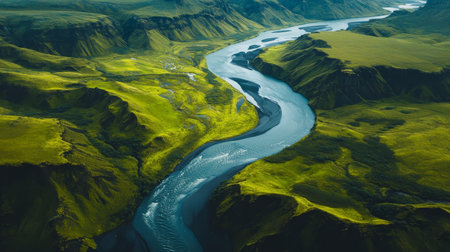Breathtaking aerial perspective of a meandering river through a vibrant green valley landscapeの素材