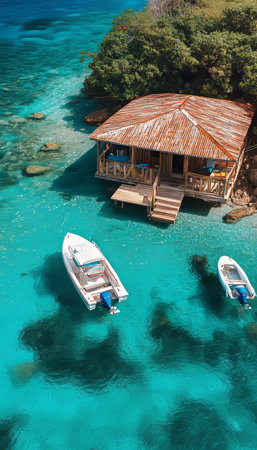 Scenic aerial view of a rustic wooden cabin on a Caribbean island with clear blue waters and boatsの素材