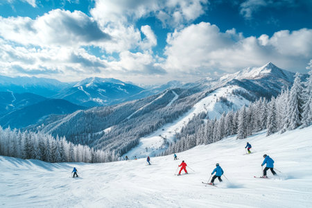 Group of adventurous skiers conquering a steep slope amidst majestic mountains and cloudsの素材