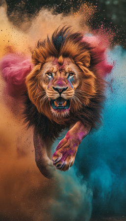 Majestic lion leaping through vibrant holi powder clouds in a colorful, dynamic sceneの素材