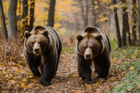 Two majestic grizzly bears exploring a colorful autumn forest filled with vibrant foliageの素材