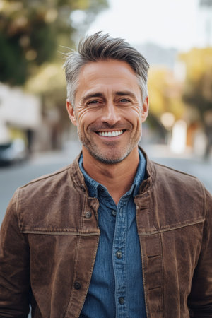 Charming man in his late thirties smiling on a sunny los angeles street in casual attireの素材
