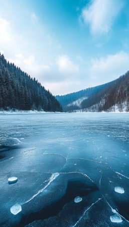 Breathtaking winter scene of blue ice cracks on a frozen lake in the carpathians, ukraineの素材