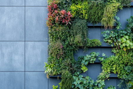 Vertical garden featuring diverse urban plants on a contemporary wall displaying greeneryの素材