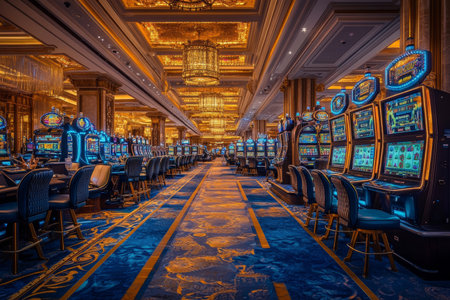 Vibrant interior of a casino showcasing a variety of slot machines ready for playの素材
