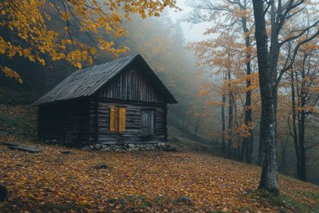 Rustic cabin embraced by golden autumn leaves and light fog a scene of tranquil natureの素材