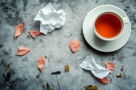 Struggling with a common cold a red nose surrounded by used tissues and herbal teaの素材
