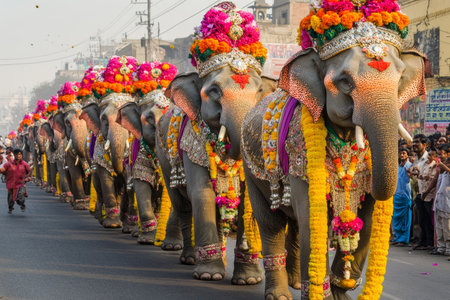 Decorated elephants parade through streets of India celebrating makar sankranti with traditional joyの素材