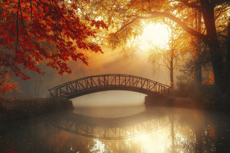 Stunning autumn landscape featuring a bridge over a lake surrounded by golden forest at sunsetの素材