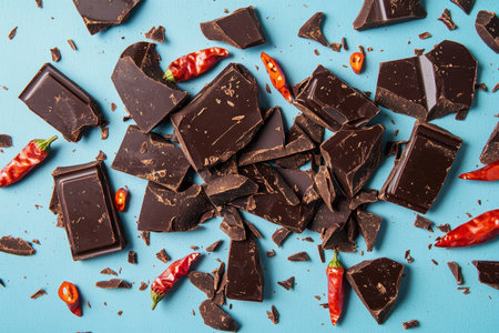 Dark chocolate chunks with chili peppers on a vibrant blue background for an enticing contrastの素材