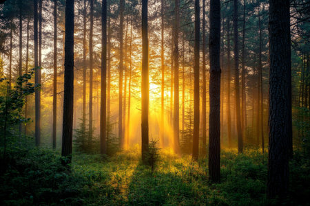 Breathtaking sunrise over misty forest with majestic tall trees and serene atmosphereの素材