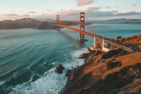 Aerial perspective of the iconic golden gate bridge overlooking san francisco bayの素材