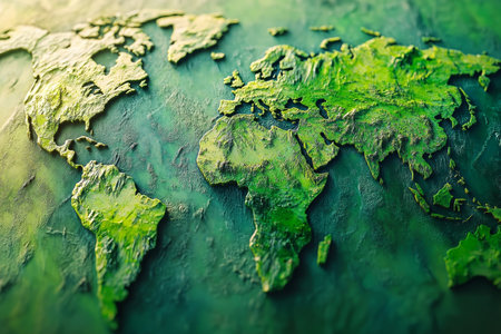 Vibrant green topographic world map showcasing natural textures for environmental educationの素材