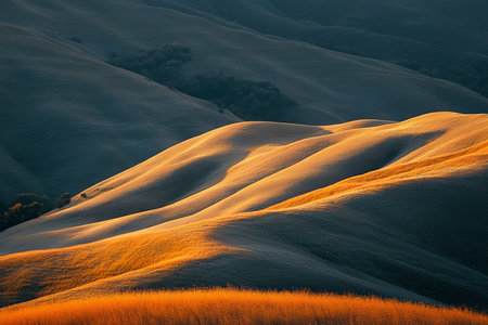 Stunning landscape of rolling hills bathed in soft sunlight with gentle shadows in orange and grayの素材