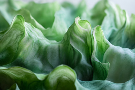 Macro photography of abstract green shapes resembling mountains in a vibrant compositionの素材