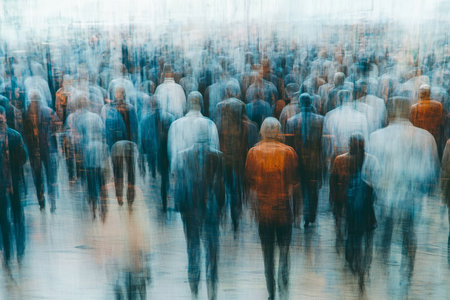 Abstract illustration of a crowd emphasizing uniformity and obscured individual identitiesの素材