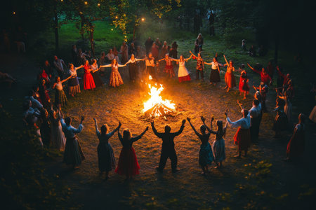People joyfully dancing in a circle around a bonfire at a traditional midsummer festival celebrationの素材