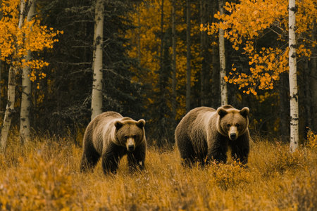 Two grizzly bears roaming through a colorful autumn forest in a captivating photography shotの素材
