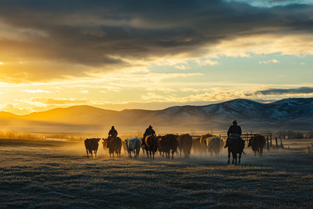 Ranchers herding cattle at sunset in expansive open field a captivating rural sceneの素材