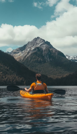 Man kayaking on a tranquil lake with stunning mountains towering in the background sceneryの素材