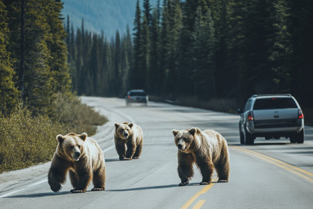 A scenic encounter grizzly bears roaming freely along the highway in their natural habitatの素材